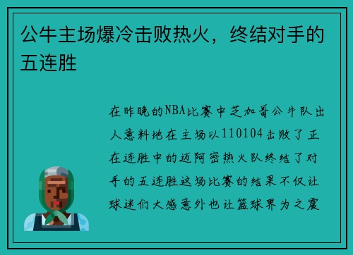 公牛主场爆冷击败热火，终结对手的五连胜